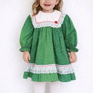 Vintage Bryan green floral ruffle lace trim girl’s Christmas dress size 24M